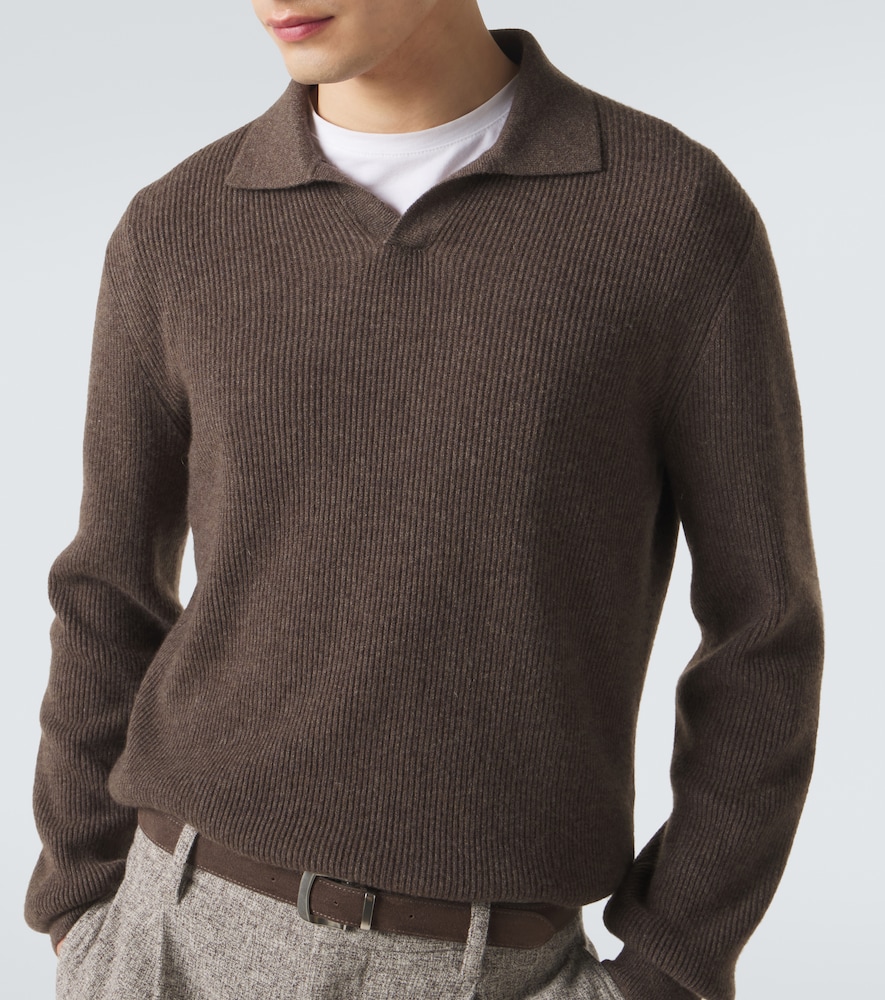 Ribbed-Knit Cashmere Polo Sweater