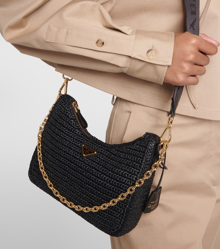Prada Small Crochet Raffia Shoulder Bag In Black