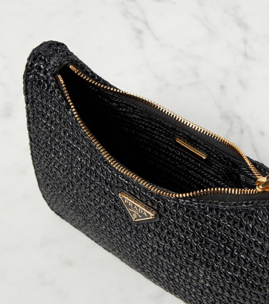 Prada Small Crochet Raffia Shoulder Bag In Black