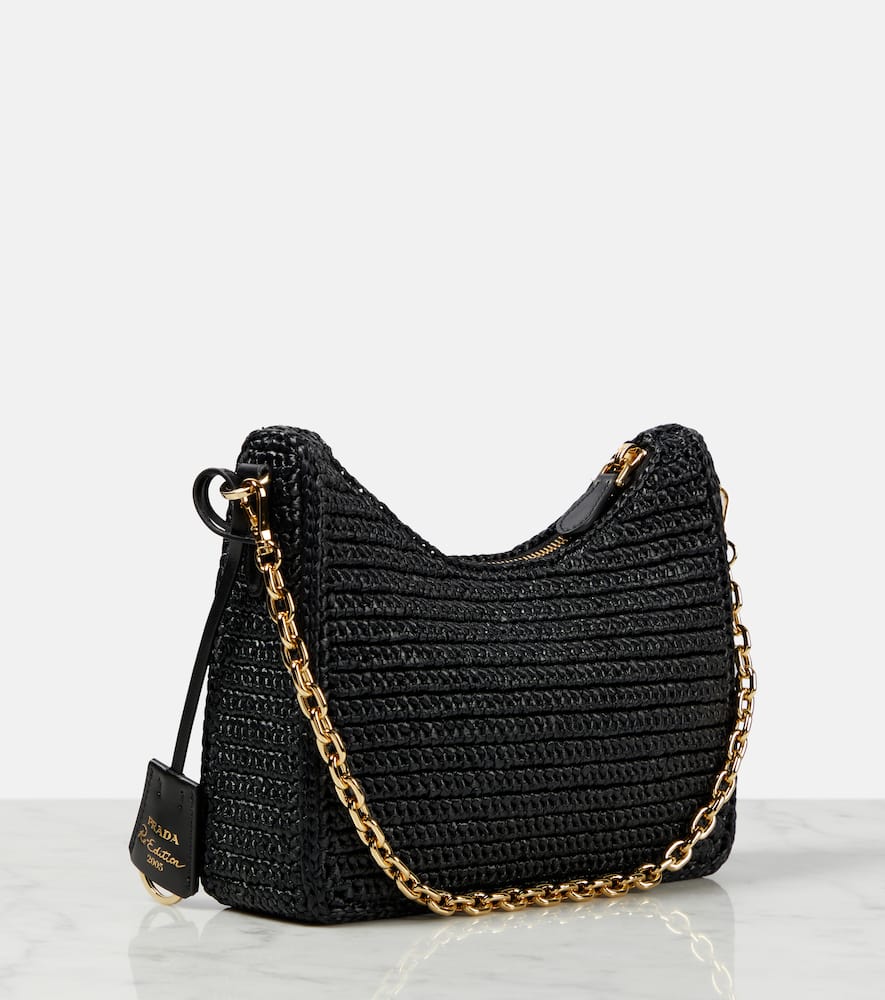 Prada Small Crochet Raffia Shoulder Bag In Black