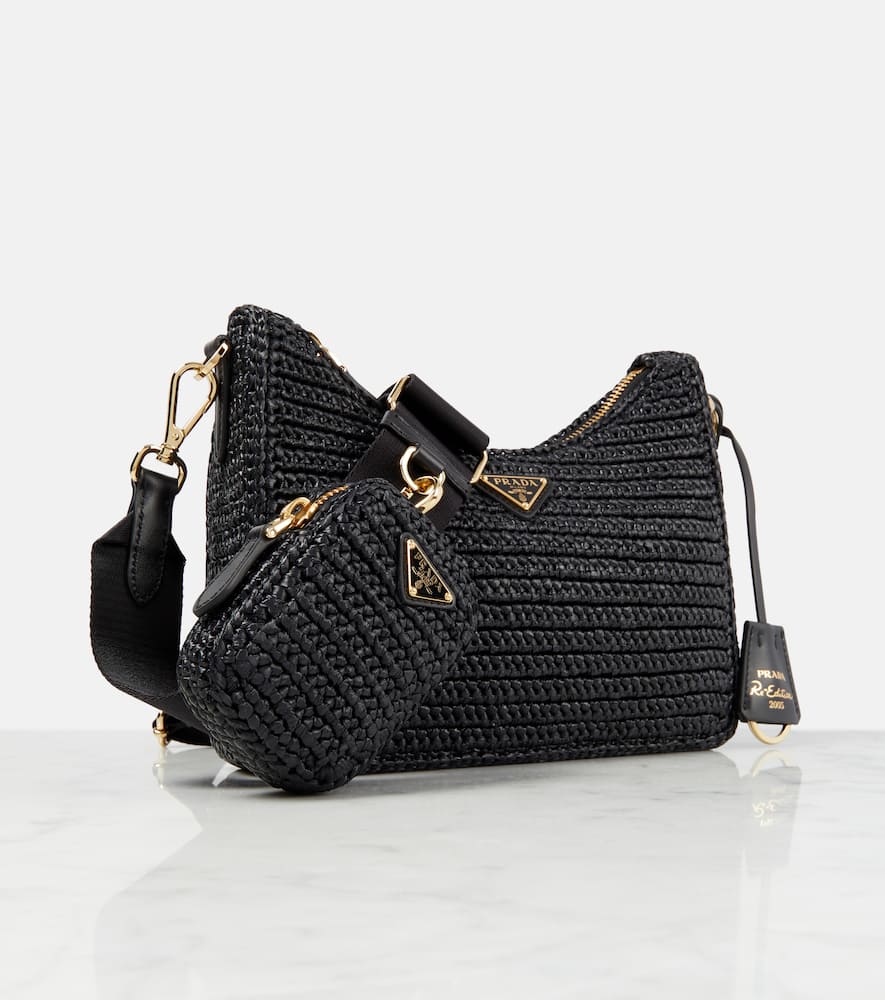 Prada Small Crochet Raffia Shoulder Bag In Black