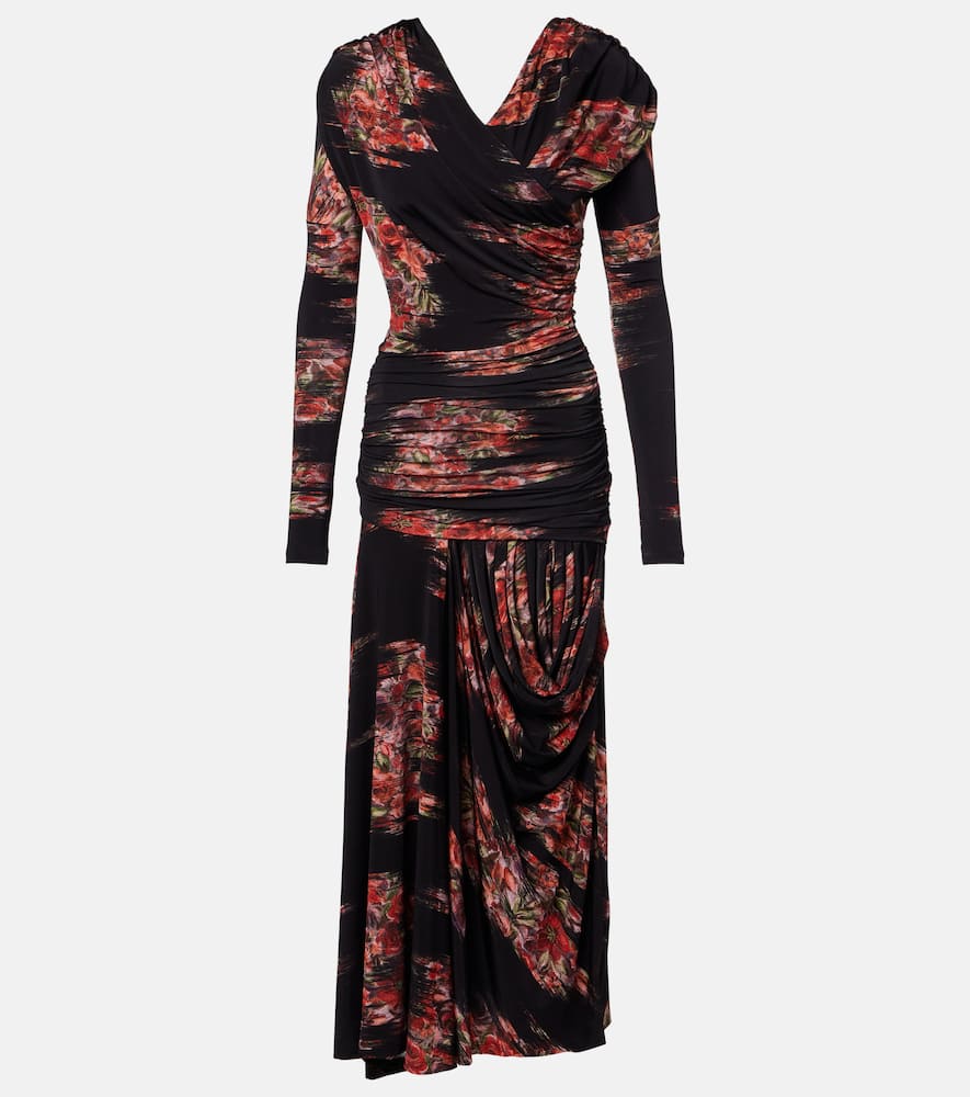 Ganni Floral Ruched Jersey Maxi Dress In Animal Print