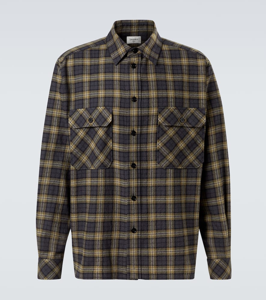 Saint Laurent Checked Wool Overshirt In Green