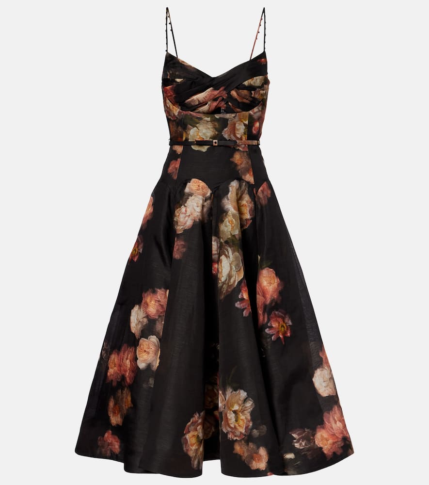 Zimmermann Hypnotic Linen And Silk Organza Midi Dress In Black