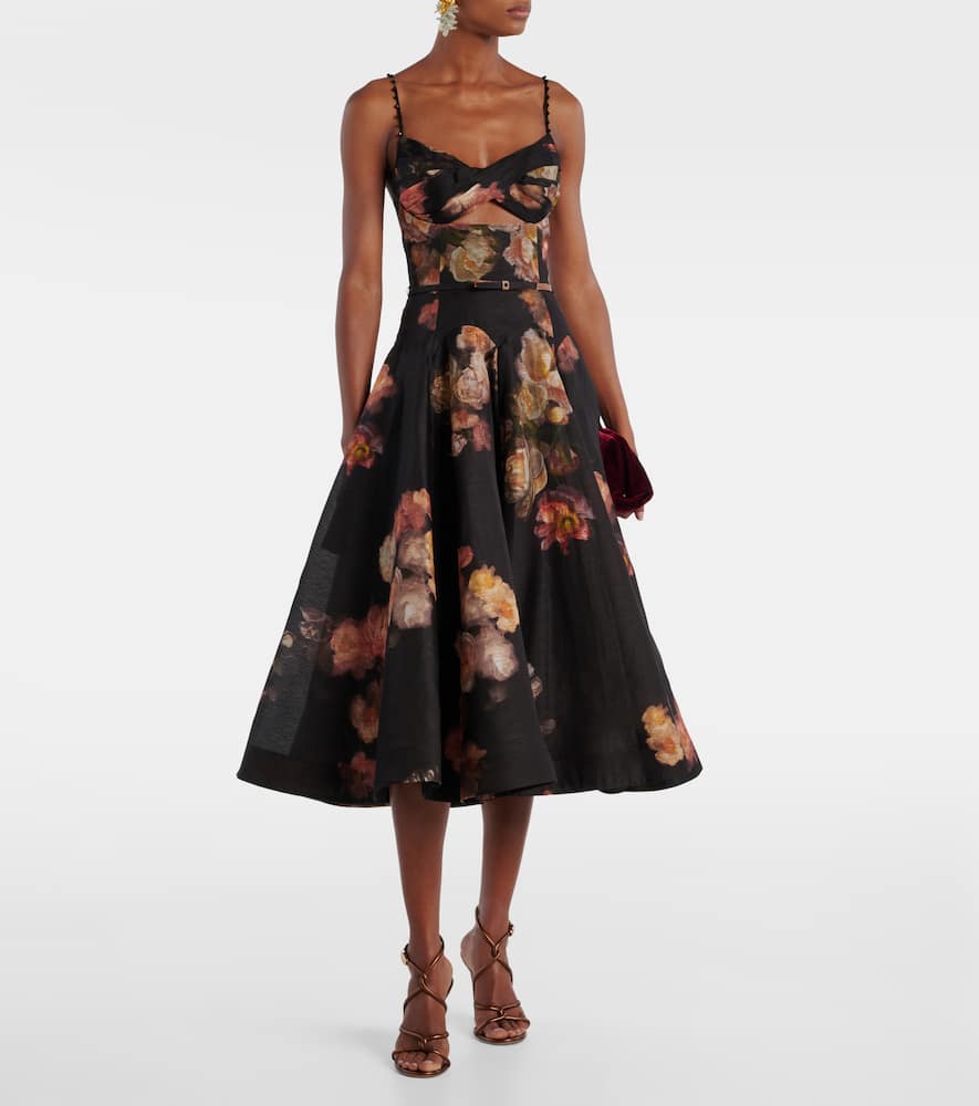 Zimmermann Hypnotic Embellished Belted Cutout Linen And Silk-blend Midi Dress In Black