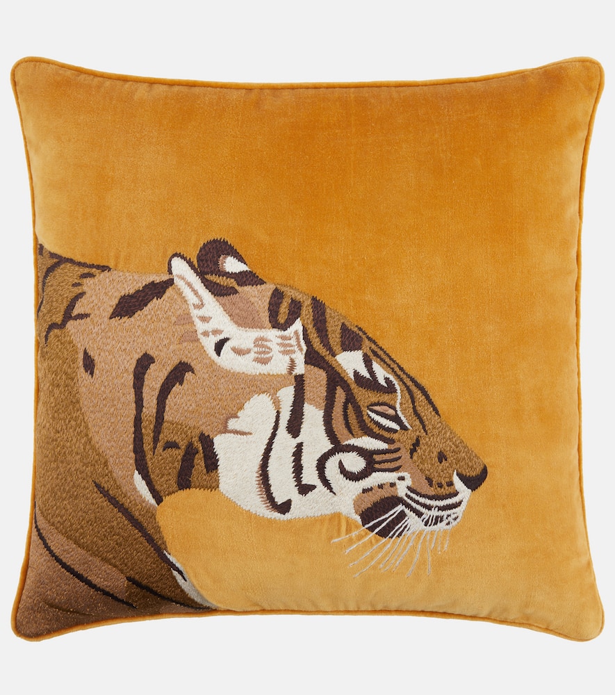 Les-ottomans Embroidered Cotton Velvet Cushion In Brown