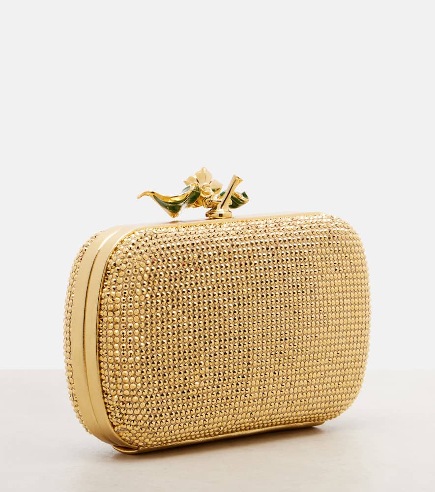 Bottega Veneta Knot Mini Embellished Suede Clutch In Gold