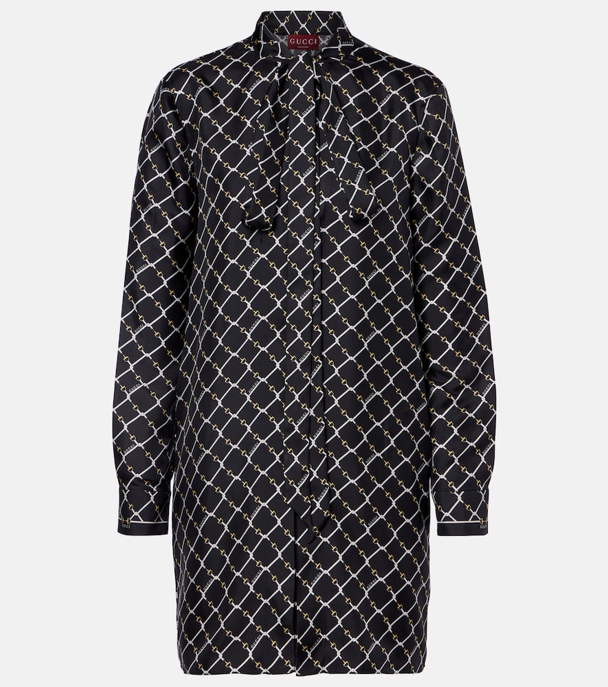 Gucci Printed Tie-neck Silk Minidress In Black
