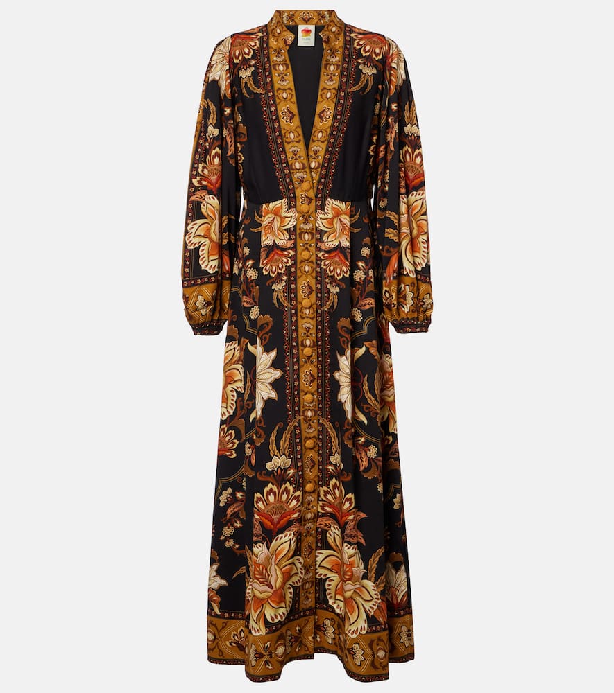 Farm Rio Black Majestic Garden Buttoned Puff Sleeve Maxi Dress In Brown