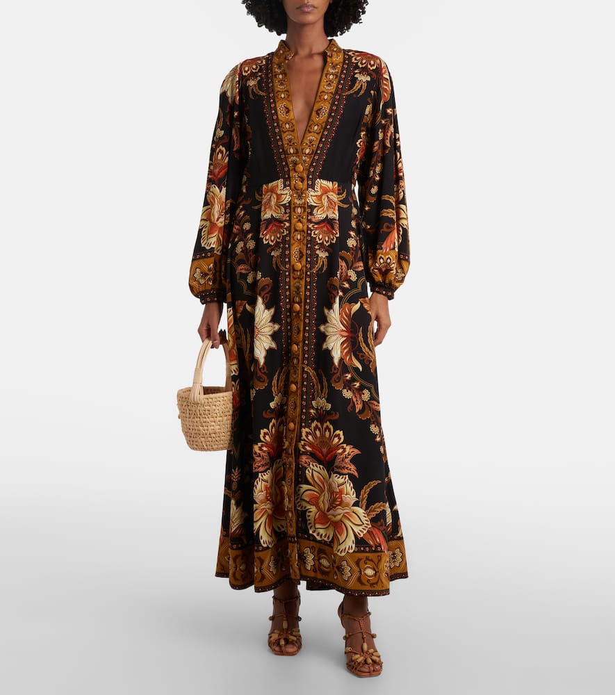 Farm Rio Black Majestic Garden Buttoned Puff Sleeve Maxi Dress In Brown