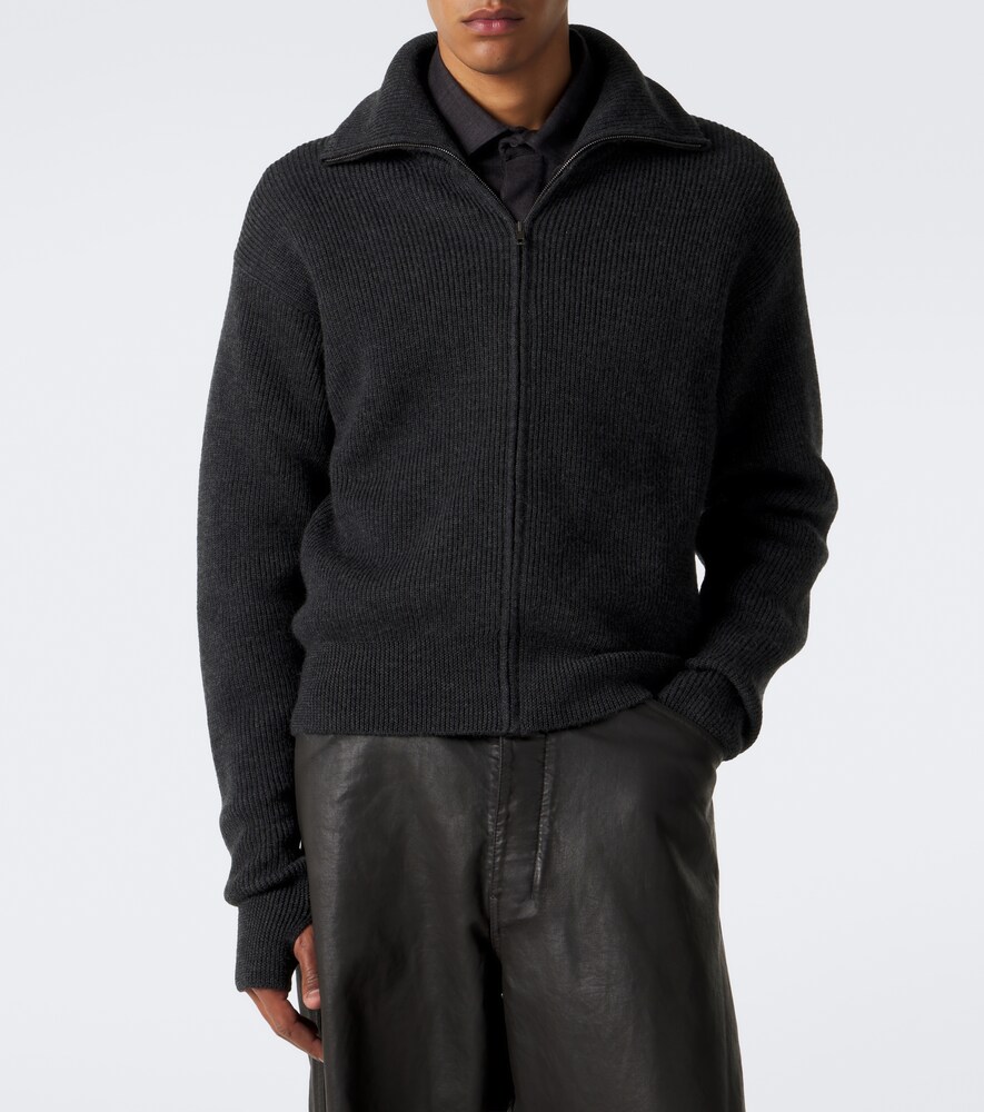 Ribbed-Knit Wool Zip-Up Cardigan