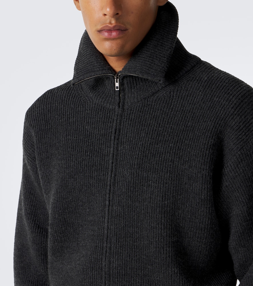 Ribbed-Knit Wool Zip-Up Cardigan
