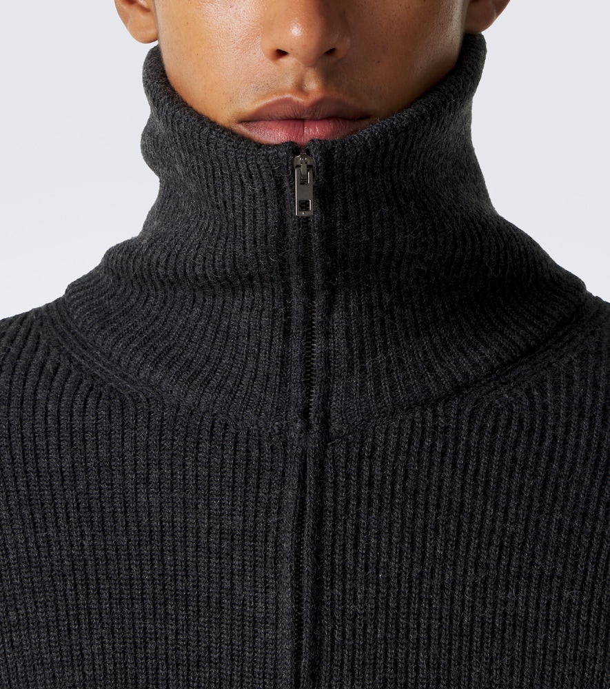 Ribbed-Knit Wool Zip-Up Cardigan