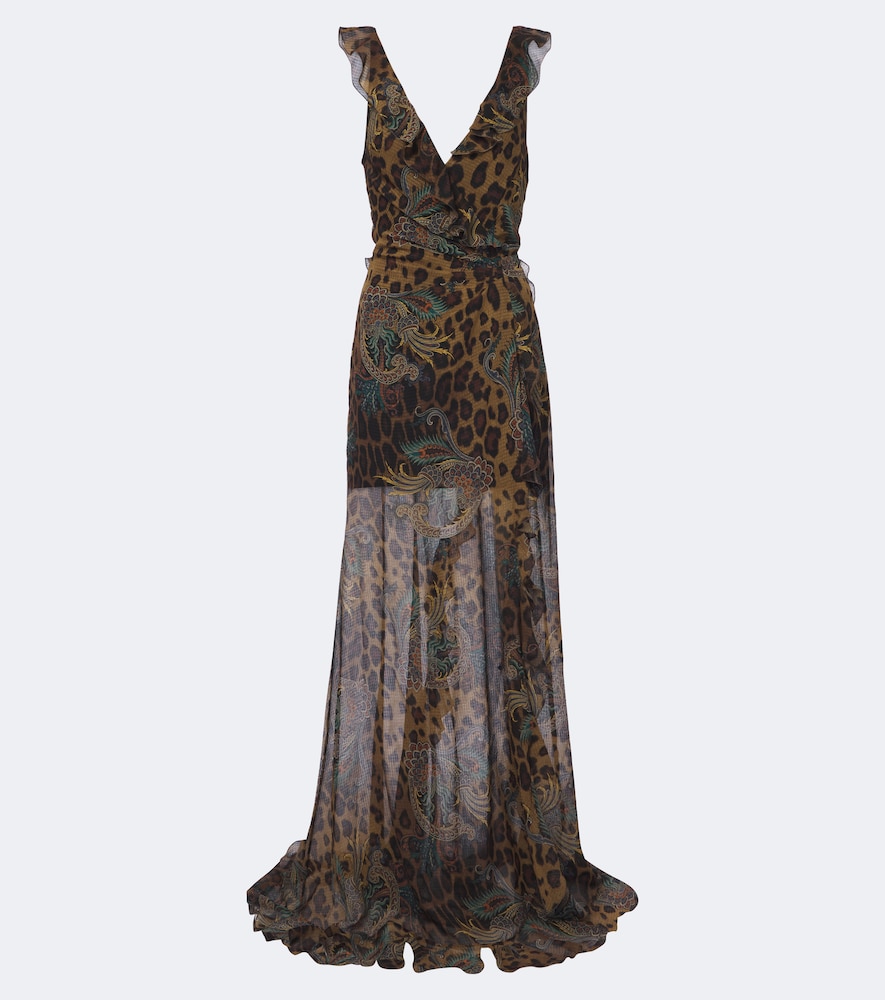 Etro Printed Ruffled Seersucker Gown In Brown