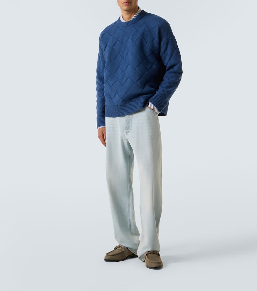 Bottega Veneta Men Intreccio 3d Wool Sweater In Blue