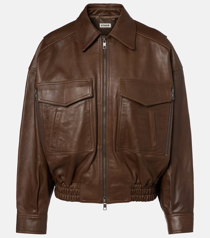 Staud Eugene Leather Bomber Jacket In Brown
