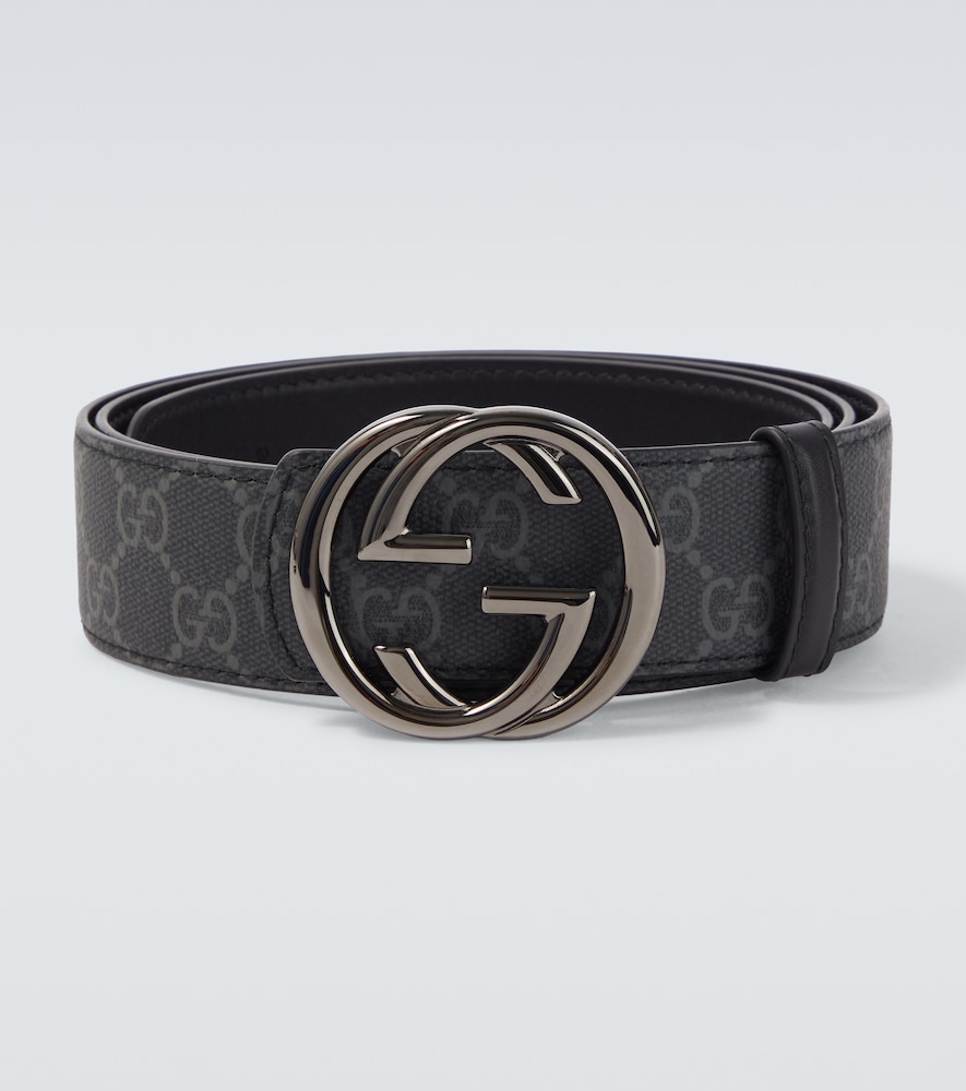 Gucci Men's Black Gg Canvas Interlocking G Reversible Leather Belt Inch Size 34