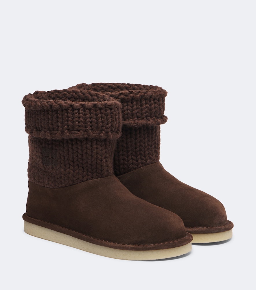 Miu Miu Paneled Knitted Suede Ankle Boots In Brown