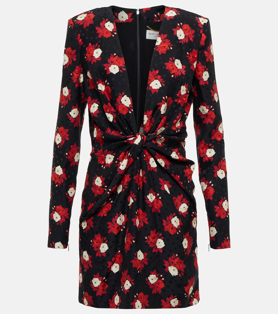 Saint Laurent Rose Print Plunge Neck Long Sleeve Silk Minidress In Noir Rouge Craie