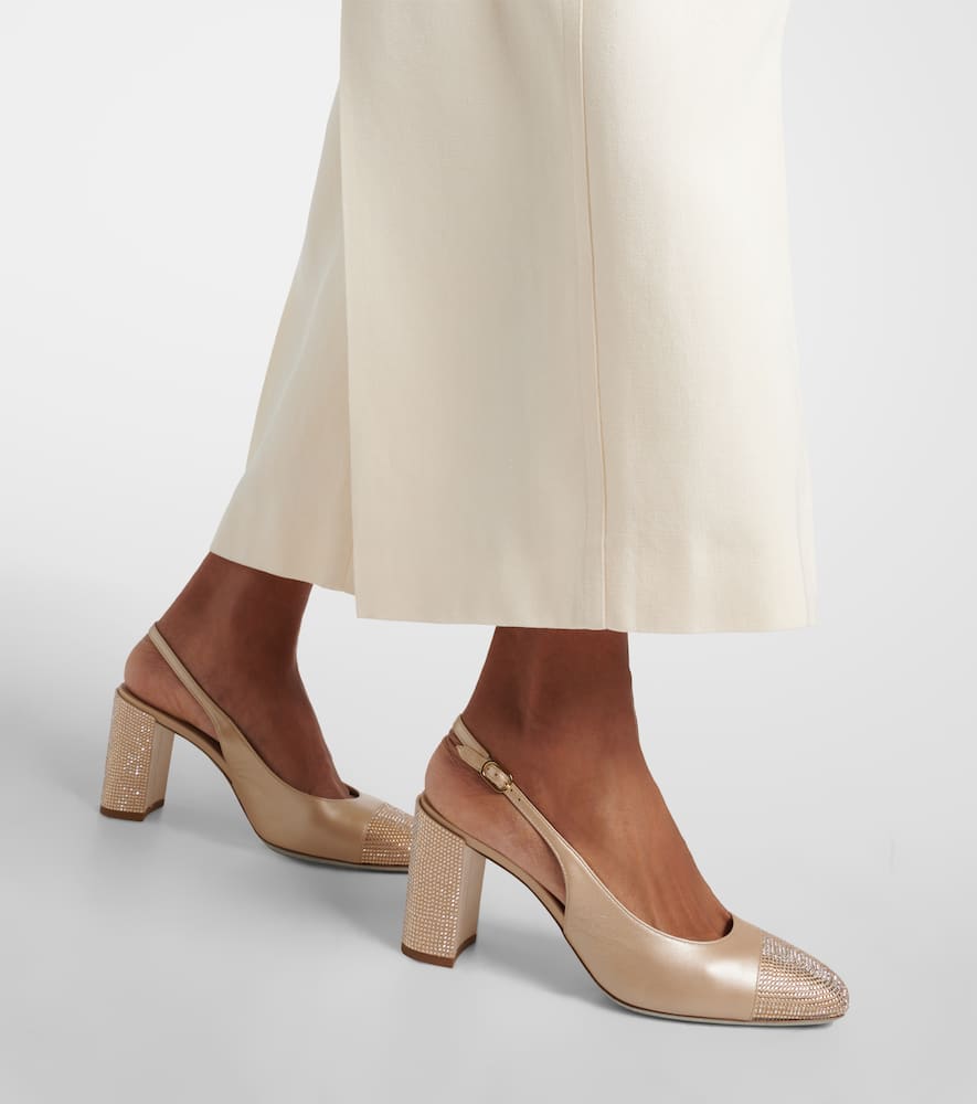 Shop René Caovilla Kristen Embellished Leather Slingback Pumps In Beige