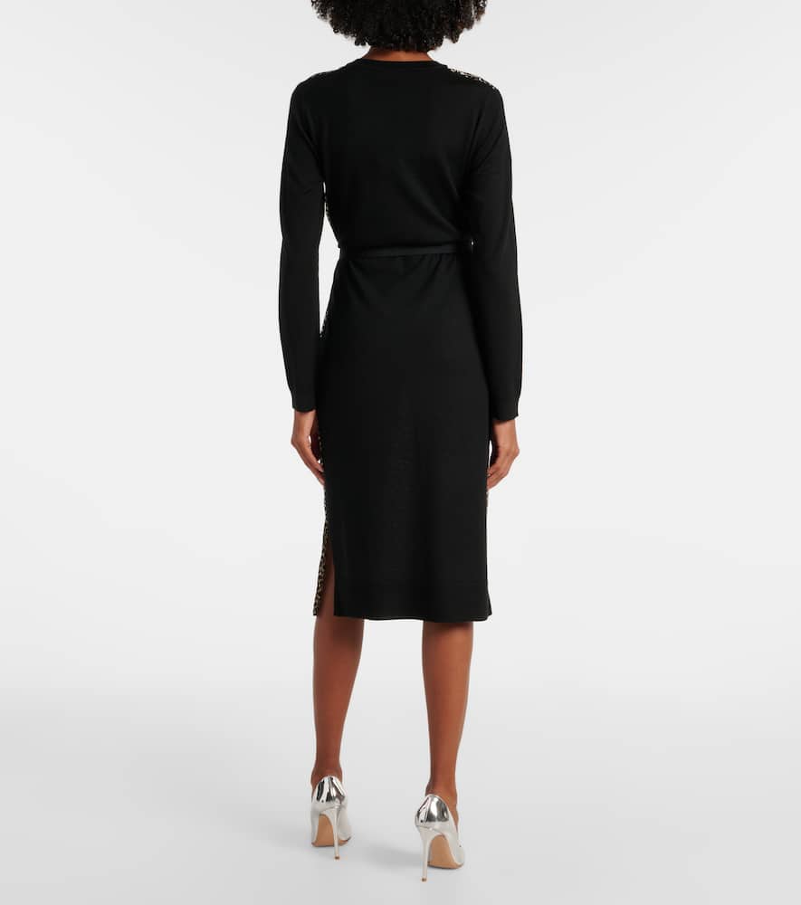 束带真丝边饰羊毛中长连衣裙