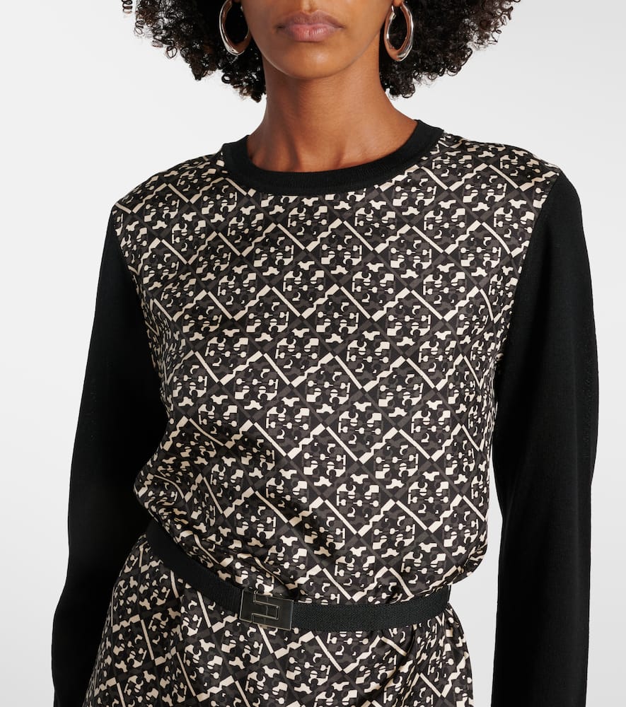 束带真丝边饰羊毛中长连衣裙