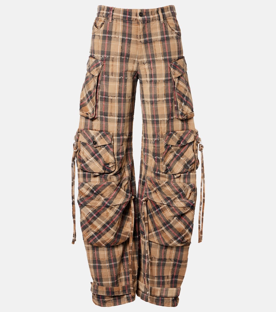 Attico Checked Cotton Flannel Cargo Pants In Brown