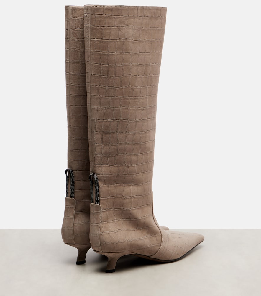 Brunello Cucinelli Monili Croc-effect Suede Knee-high Boots In Brown