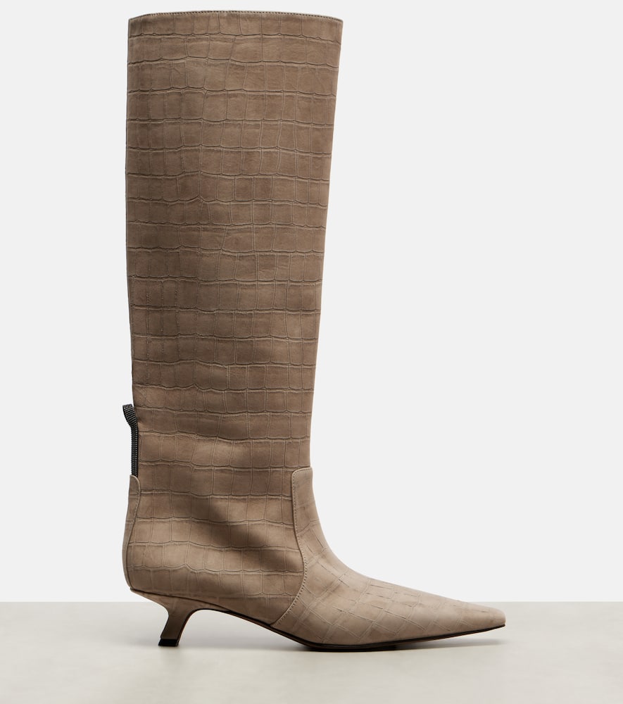 Brunello Cucinelli Monili Croc-effect Suede Knee-high Boots In Brown