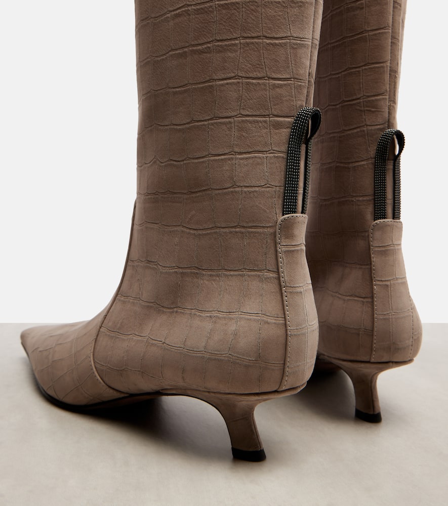 Brunello Cucinelli Monili Croc-effect Suede Knee-high Boots In Brown