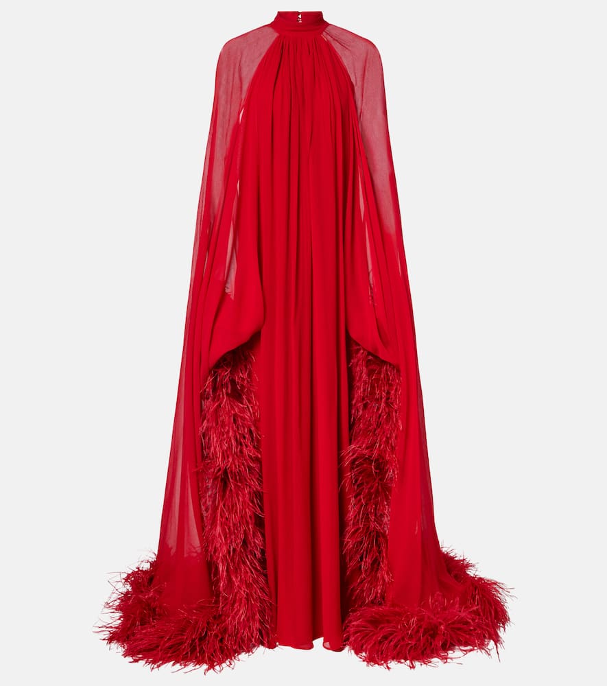 Taller Marmo Eterea Feather-trimmed Silk Crêpe Gown In Red