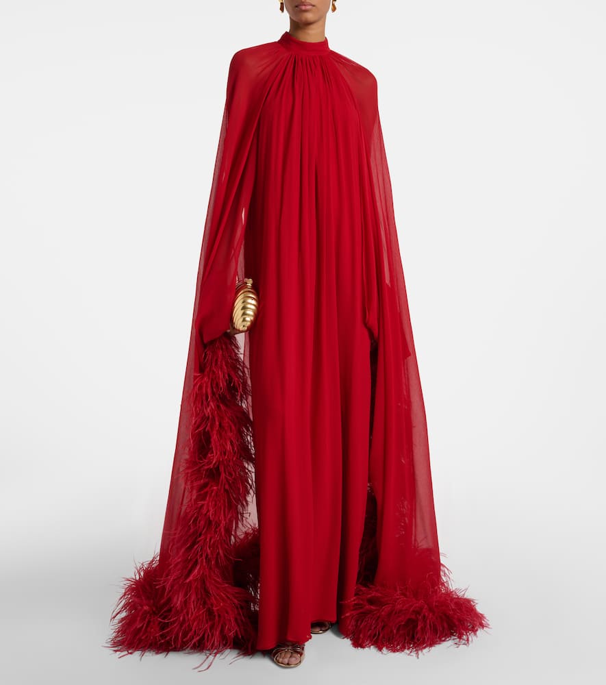Taller Marmo Eterea Feather-trimmed Silk Crêpe Gown In Red