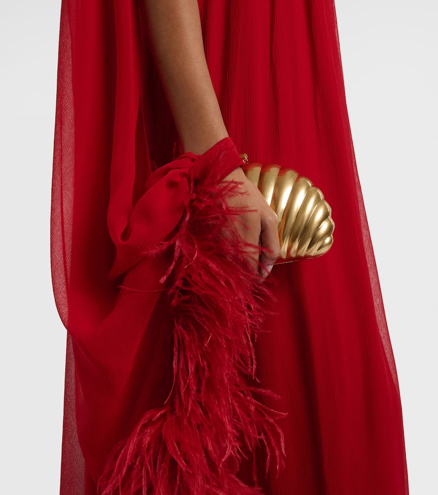 Taller Marmo Eterea Feather-trimmed Silk Crêpe Gown In Red