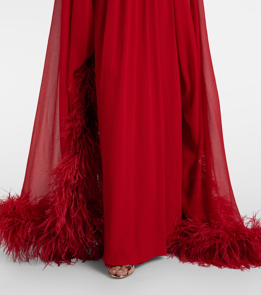Taller Marmo Eterea Feather-trimmed Silk Crêpe Gown In Red