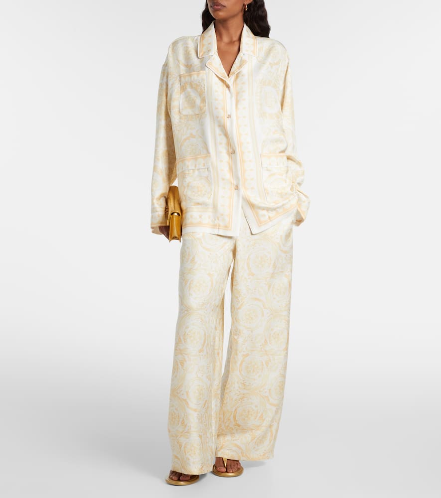 Versace Underwater Barocco Silk Palazzo Pants In Neutral