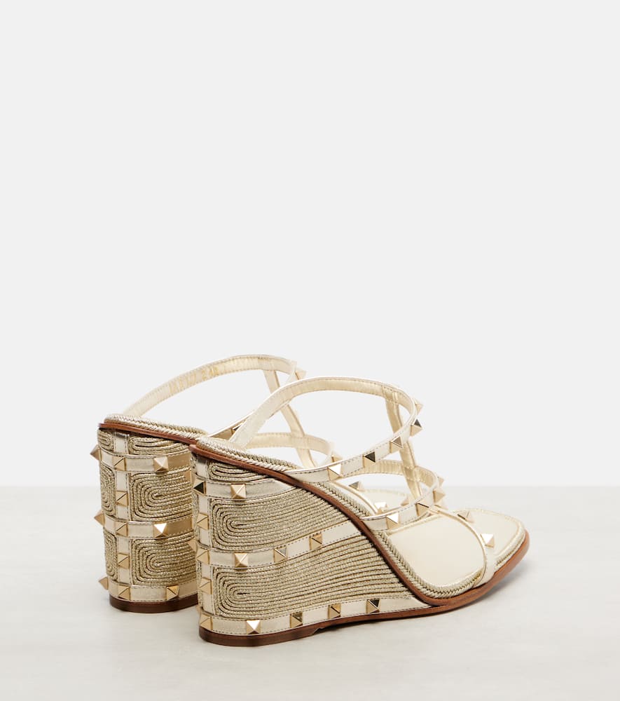 Valentino Rockstud Metallic Leather Espadrille Wedges In Gold