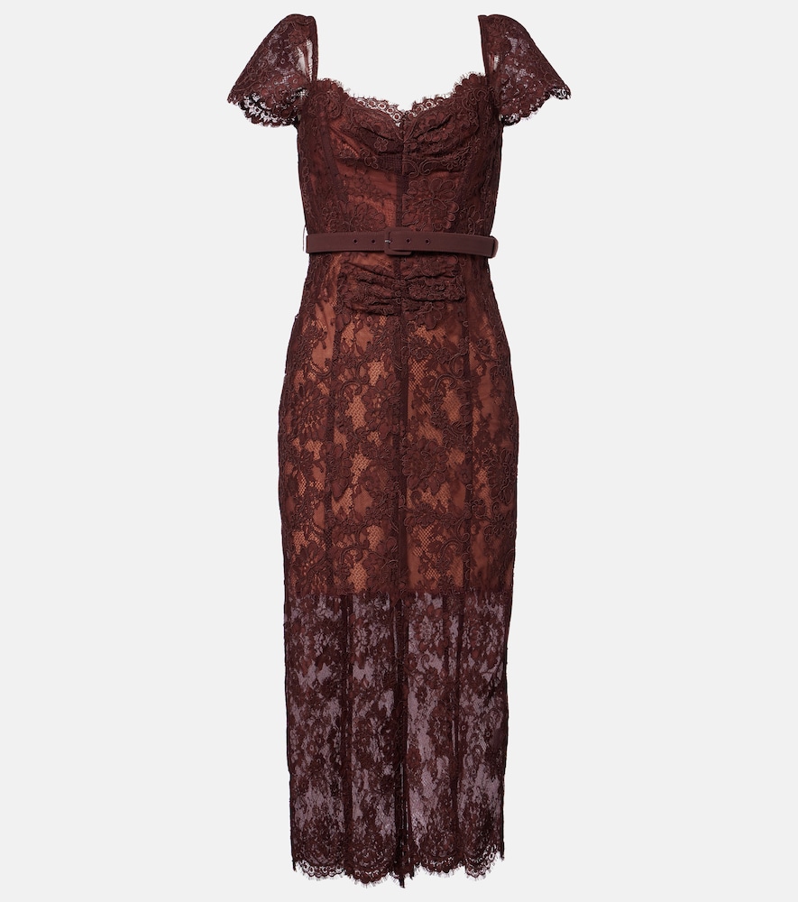 Abito midi in pizzo floreale con cintura