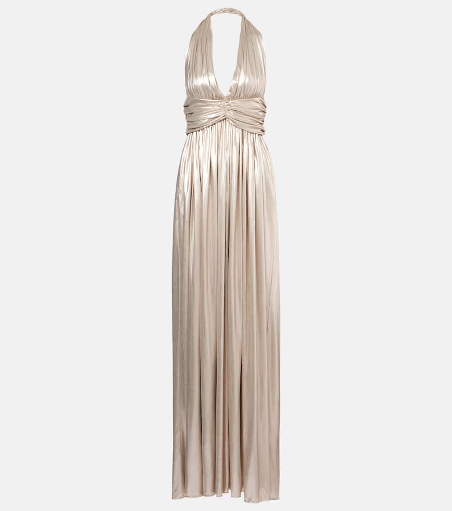 Halterneck open-back lamé jersey gown