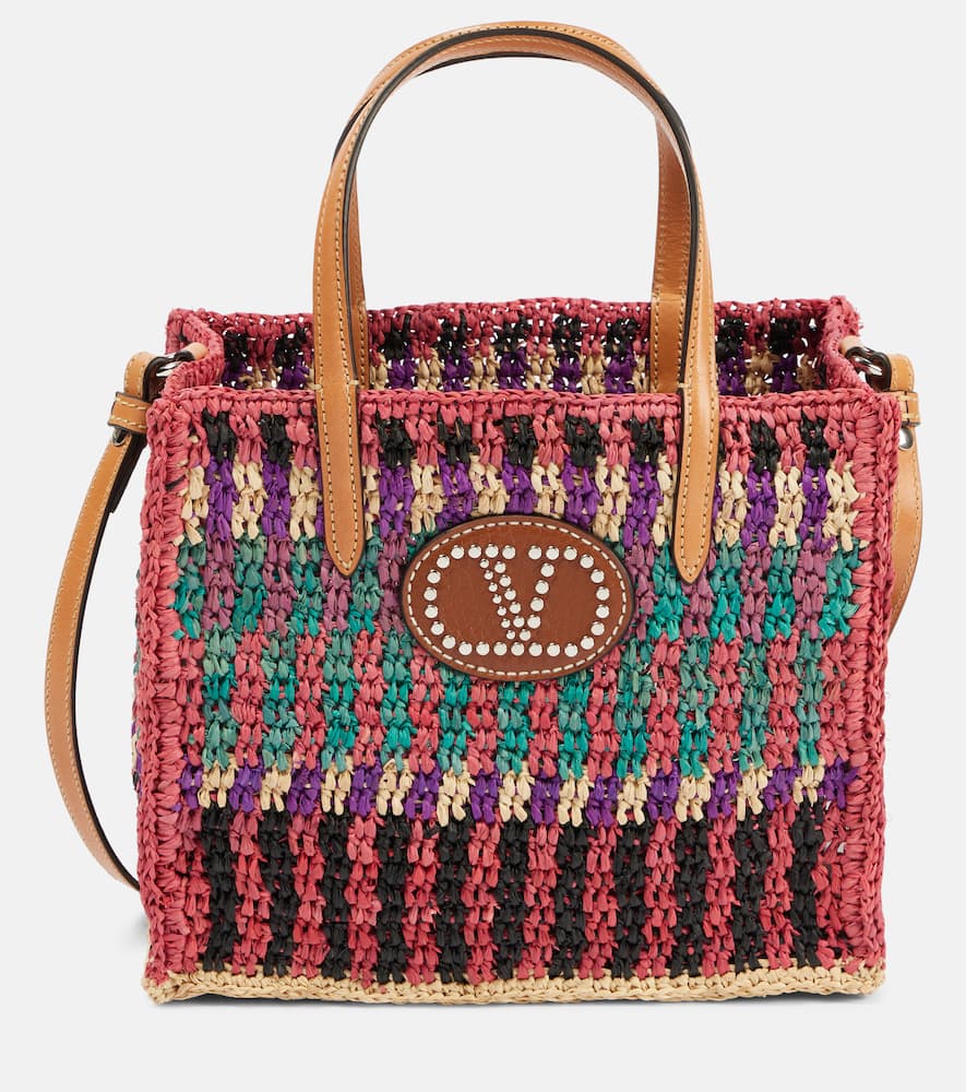 Valentino Vlogo Small Leather-trimmed Raffia Tote Bag In Multi