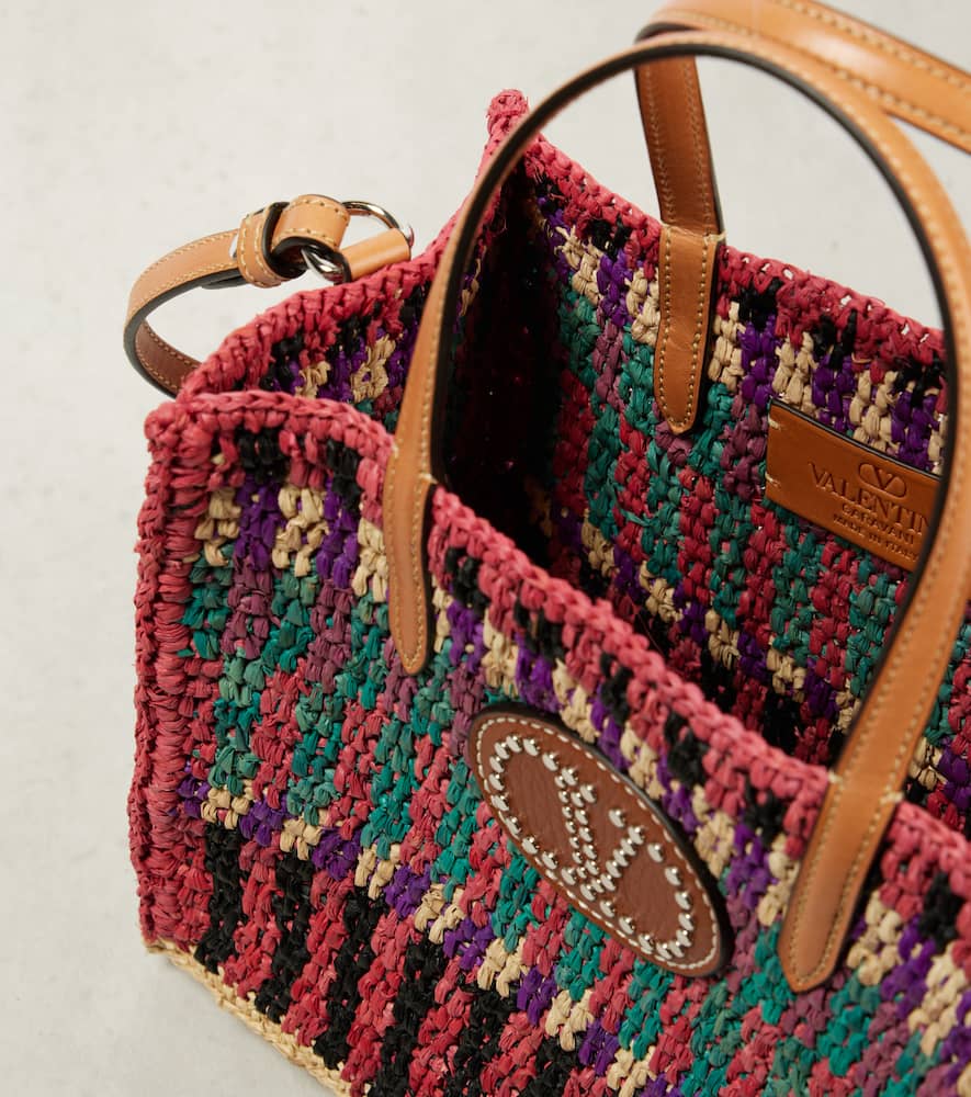 Valentino Vlogo Small Leather-trimmed Raffia Tote Bag In Multi
