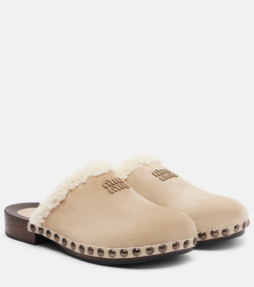 Miu Miu Shearling-trimmed Suede Clogs In Sand