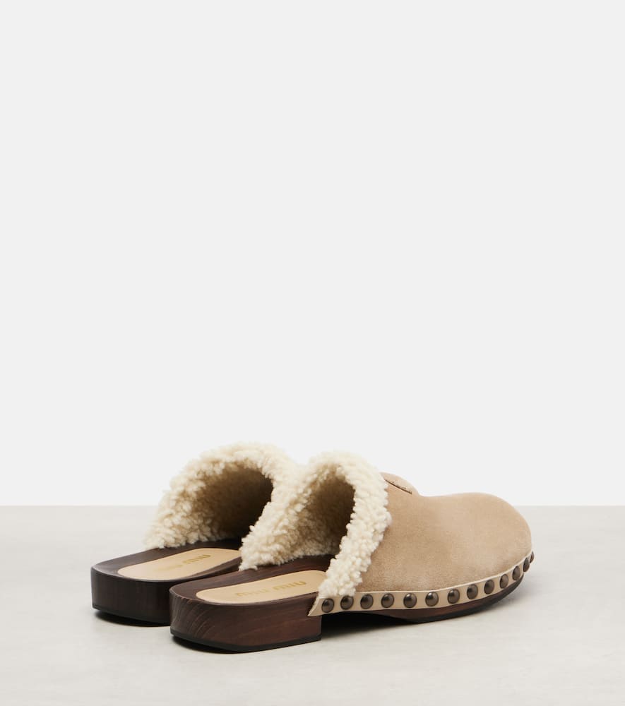 Miu Miu Shearling-trimmed Suede Clogs In Neutral