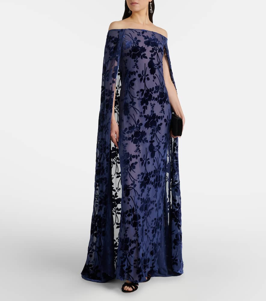 Rodarte Caped Off-shoulder Jacquard Maxi Dress In Blue