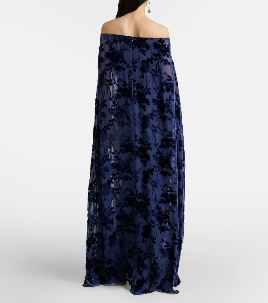 Rodarte Caped Off-shoulder Jacquard Maxi Dress In Blue