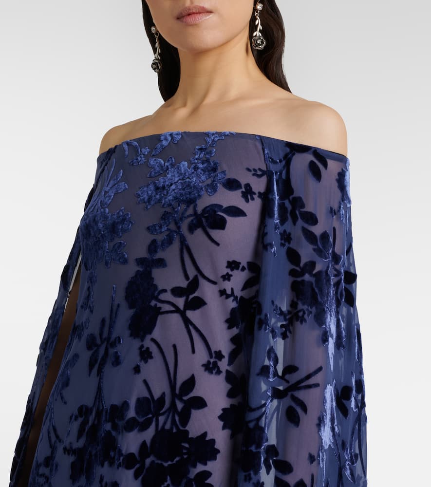 Rodarte Caped Off-shoulder Jacquard Maxi Dress In Blue