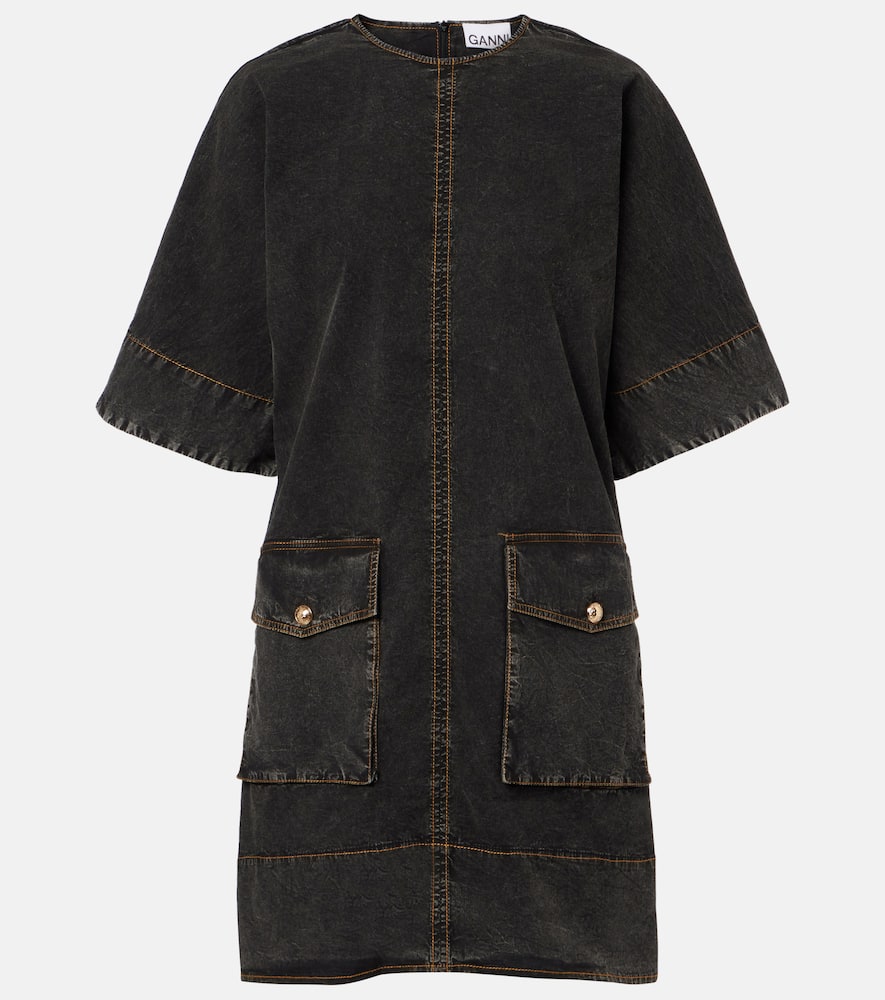 Ganni Washed Stretch Cotton Boxy Kimono Mini Dress Black In Black