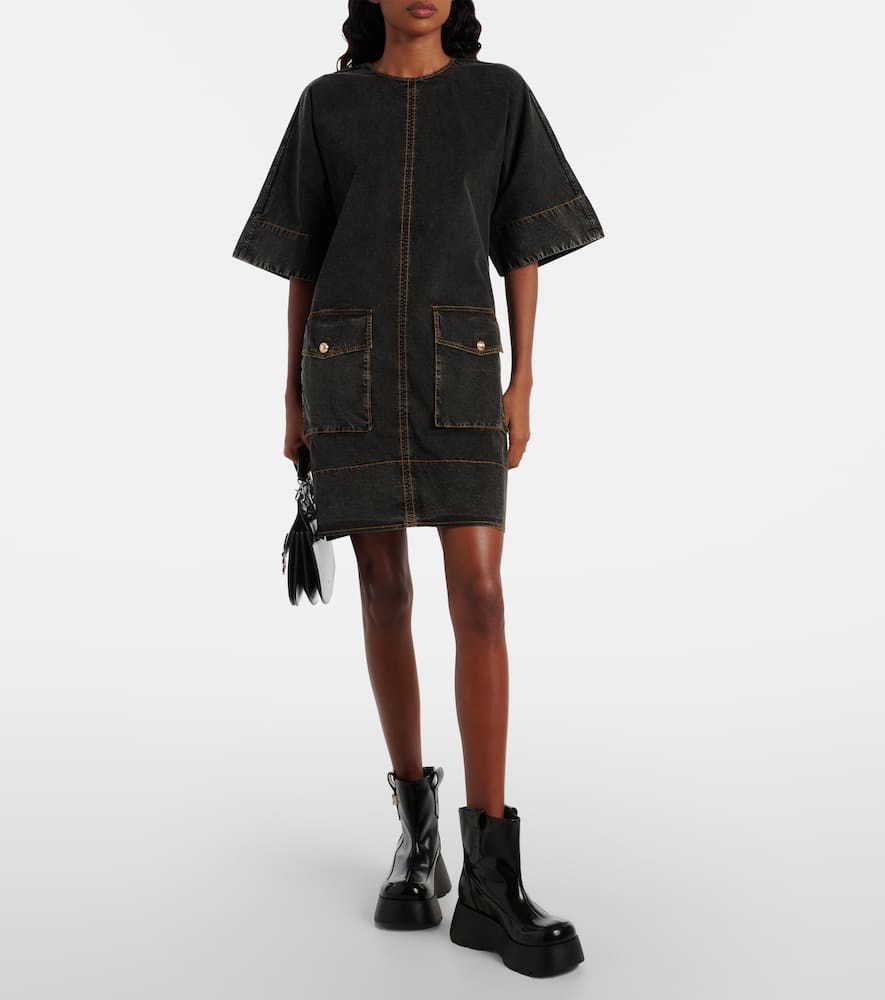 Ganni Washed Stretch Cotton Boxy Kimono Mini Dress Black In Black