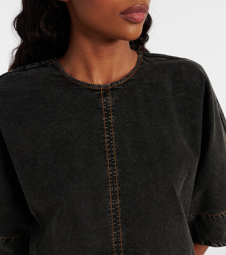 Ganni Washed Stretch Cotton Boxy Kimono Mini Dress Black In Black