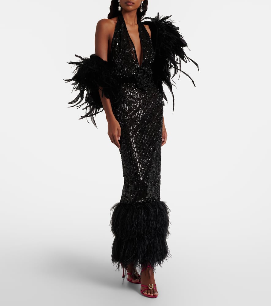 Dolce & Gabbana Feather-trimmed Sequined Sheer Gown In Black
