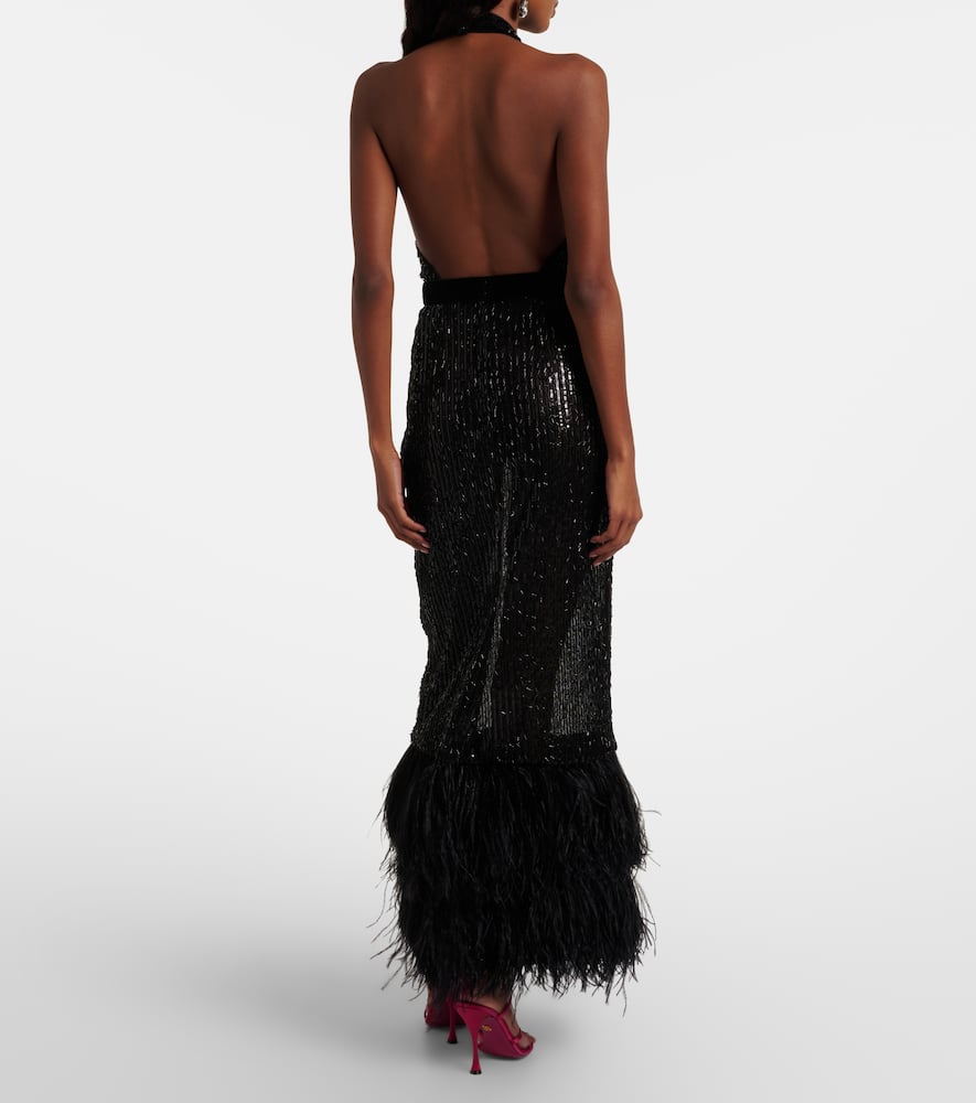 Dolce & Gabbana Feather-trimmed Sequined Sheer Gown In Black